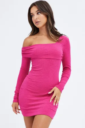 ButterySoftTexture Pink Off Shoulder Dress Ribbed Long Sleeve Mini Bodycon