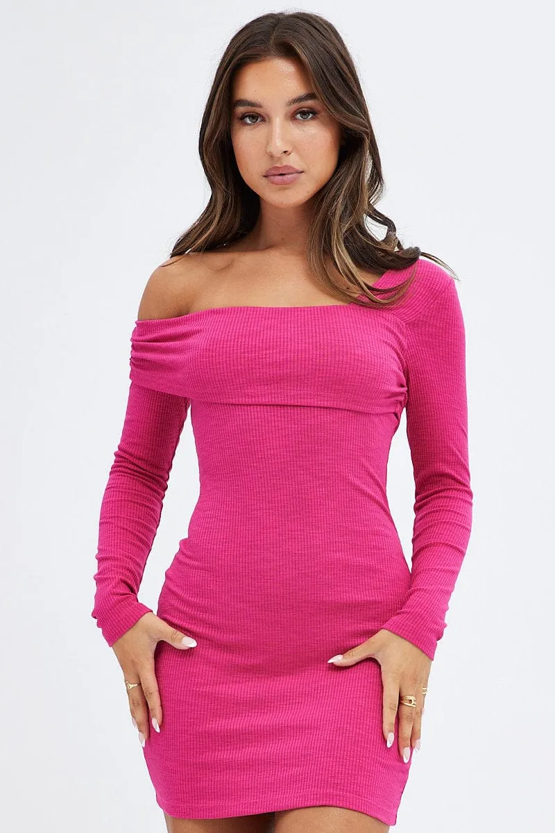 Pink Off Shoulder Dress Ribbed Long Sleeve Mini Bodycon Wardrobe Essential
