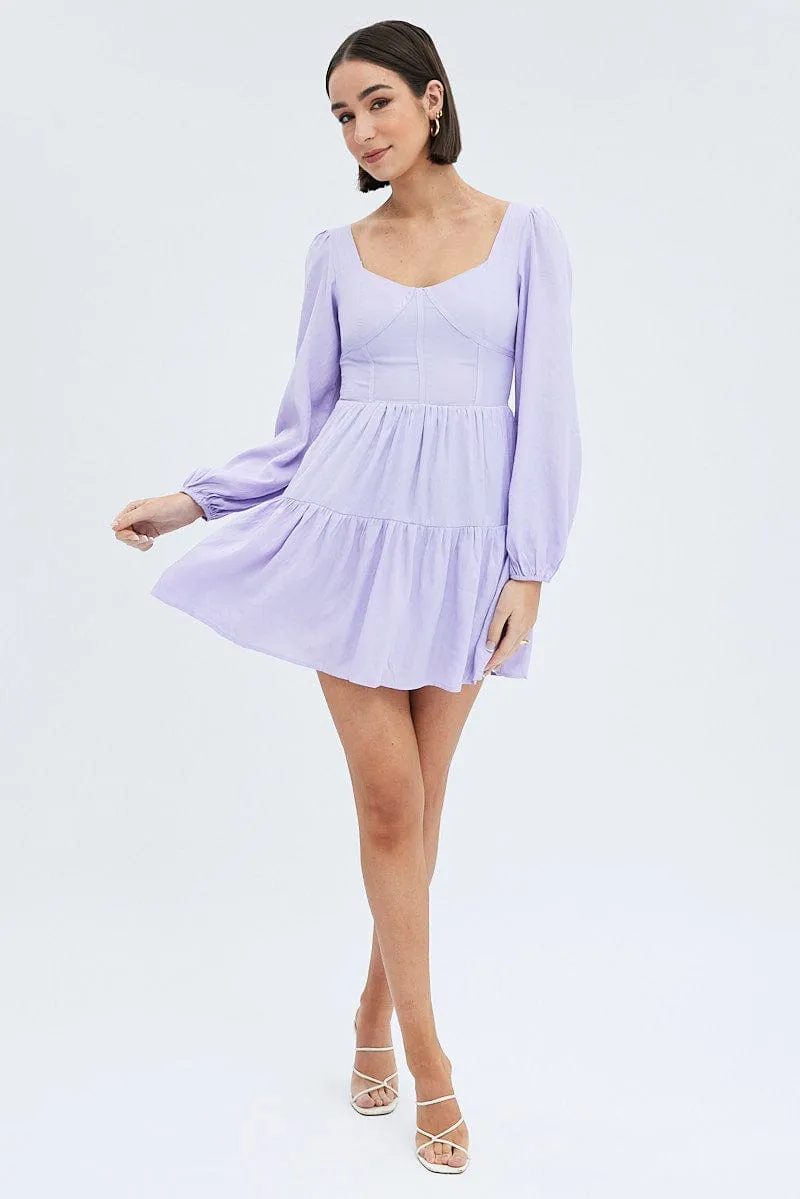 ThermalRegulating Fabric Seasonal Style Purple Fit And Flare Dress Long Sleeve Mini
