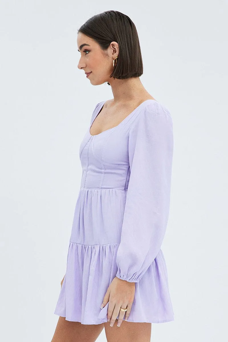 MoistureManagementSystem Soft Blouse Purple Fit And Flare Dress Long Sleeve Mini