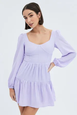 Purple Fit And Flare Dress Long Sleeve Mini NonRestrictiveSilhouette SoftTouch Texture