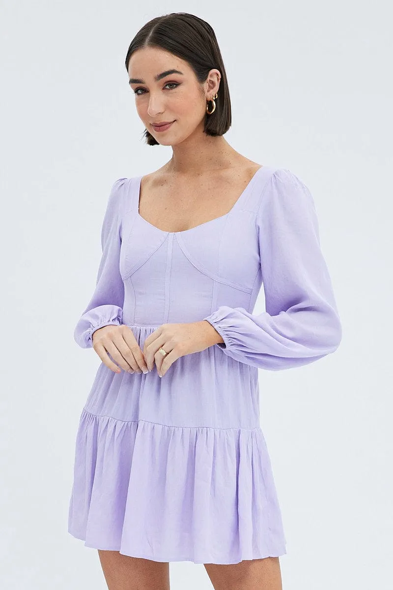 Purple Fit And Flare Dress Long Sleeve Mini Fashion Forward
