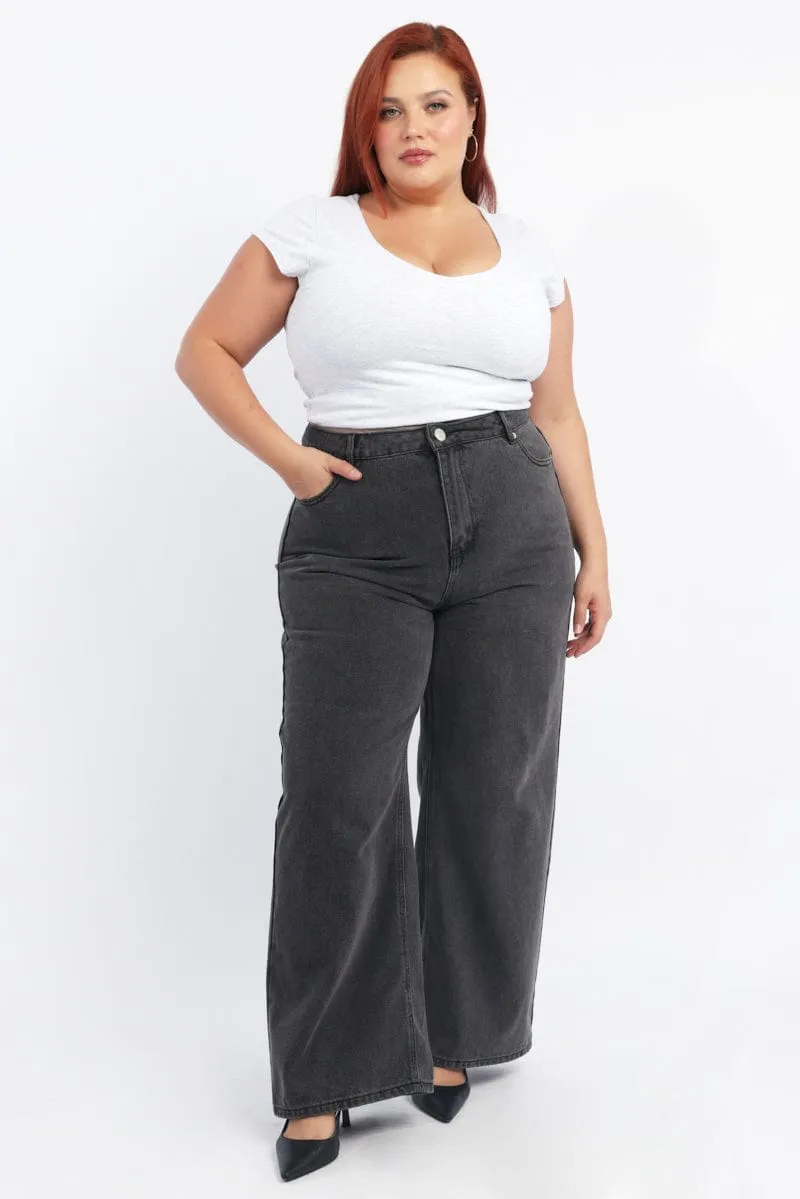 Fashion Lover Durable Minimalist Style City Walk Smooth Grey Straight Jeans Mid Rise