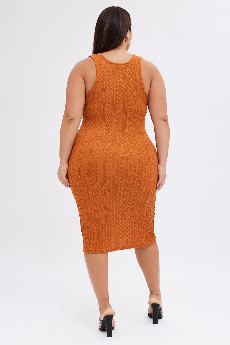 Orange Midi Dress Cable Look Knit Deep Shade