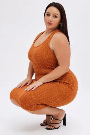 Orange Midi Dress Cable Look Knit Polished Attire