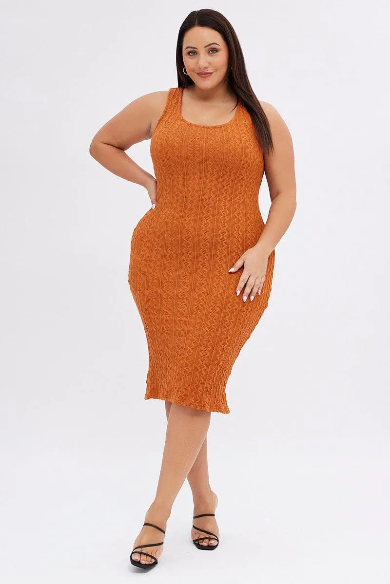 London Girl Orange Midi Dress Cable Look Knit