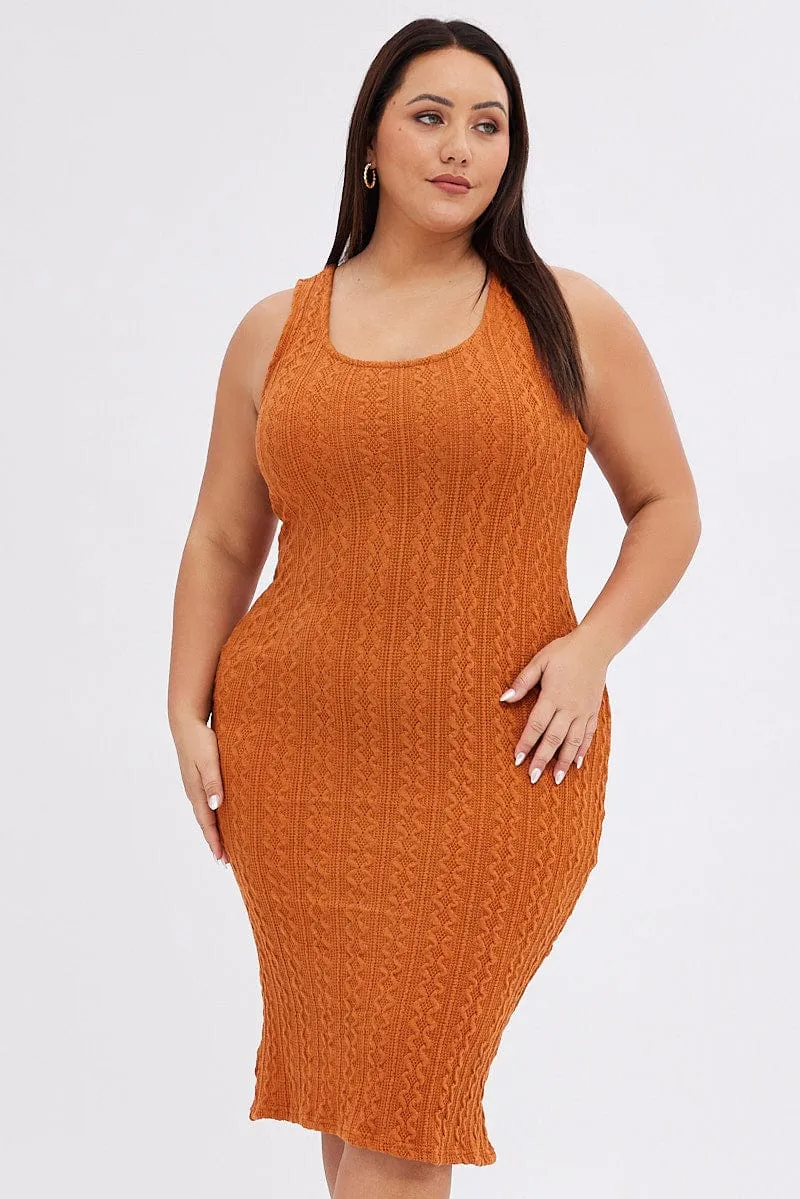 Dew Drop Orange Midi Dress Cable Look Knit