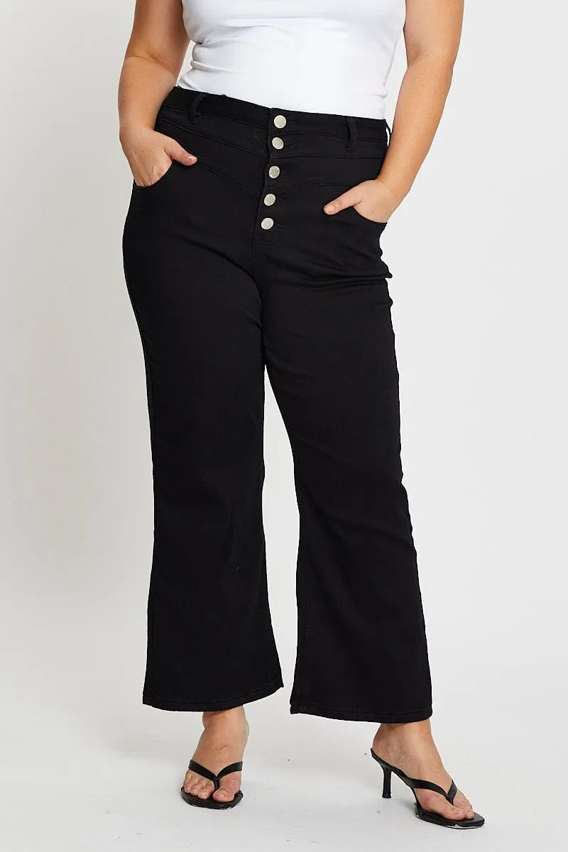 Home Comfort Autumn Days Elegant Street Appeal Black High Rise 4 Buttons Wide Leg Denim Jeans