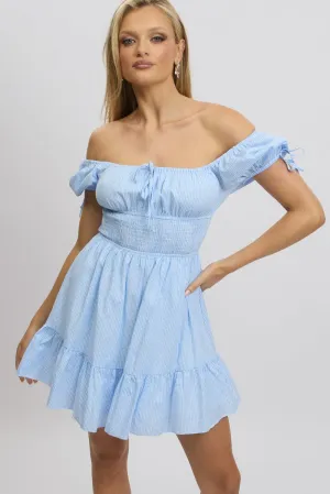 Rich Tone Noble Core Blue Check Fit And Flare Dress Puff Sleeve Mini