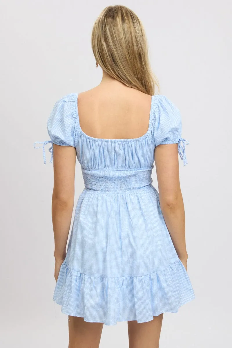 AntiFadeTechnology BiasCut Trims Blue Check Fit And Flare Dress Puff Sleeve Mini