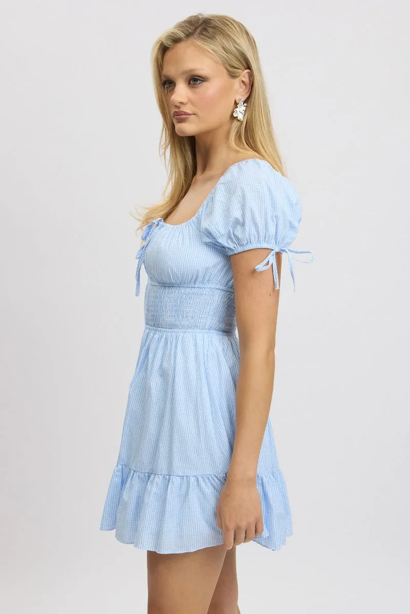 Hero Fit WaterRepellent Coating Blue Check Fit And Flare Dress Puff Sleeve Mini