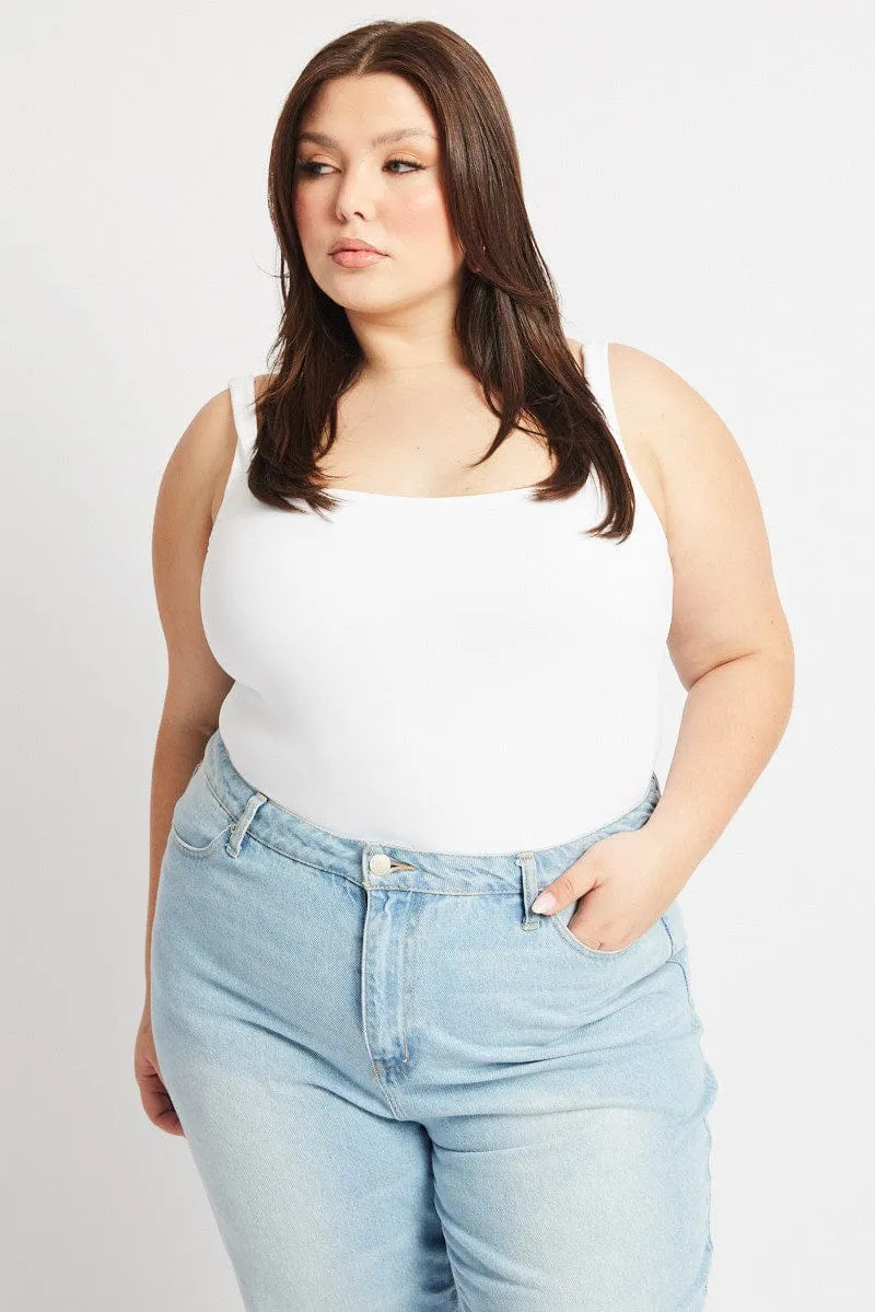 SustainableYarnBlend Fine Weave White Bodysuit Sleeveless Square Neck Supersoft
