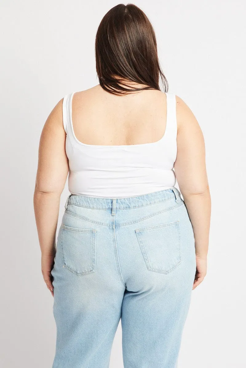 White Bodysuit Sleeveless Square Neck Supersoft Strong Denim Flash Look