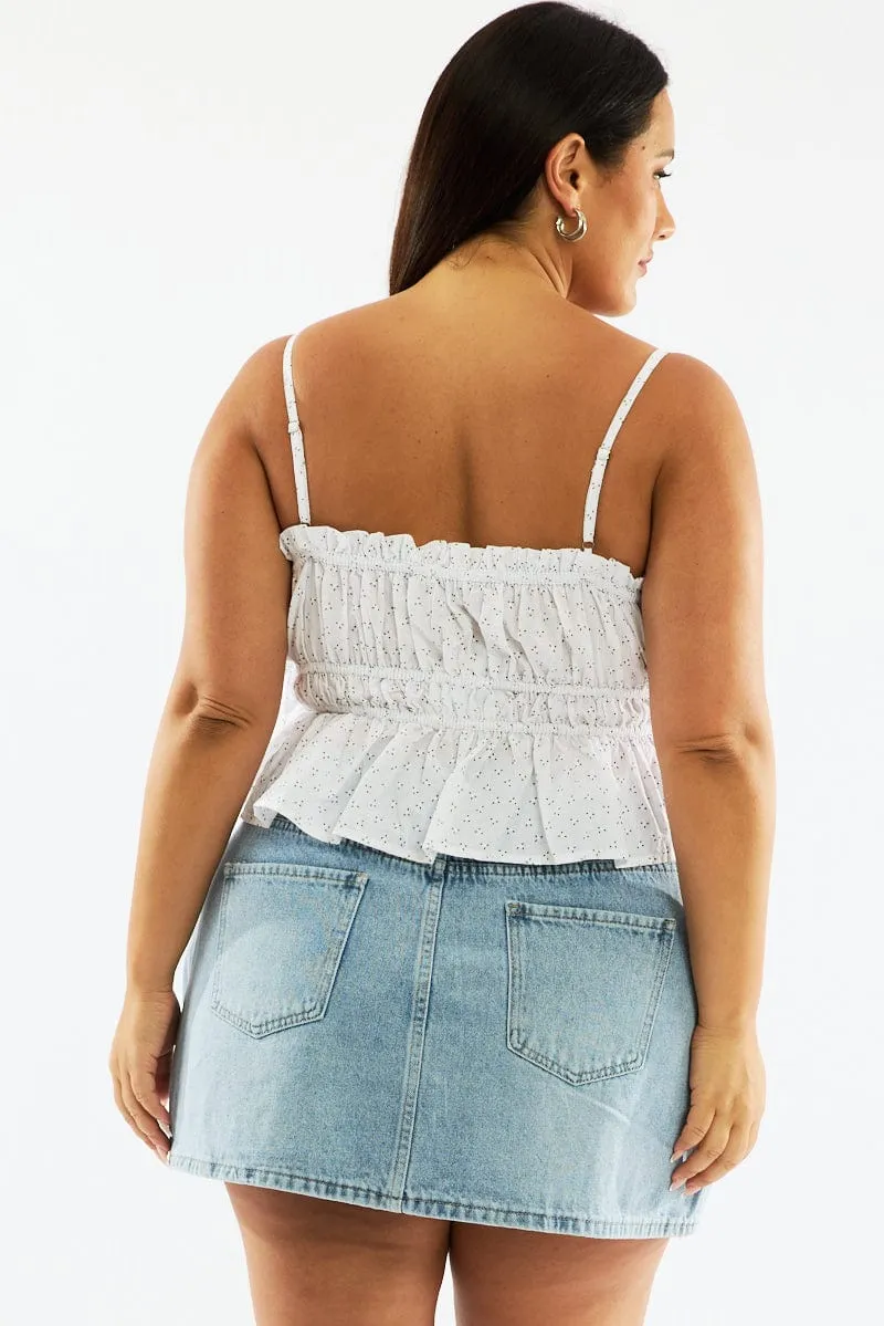 AntiBacterialTreatment Professional Wear White Ditsy Cami Crop Top Ruched Side Tie