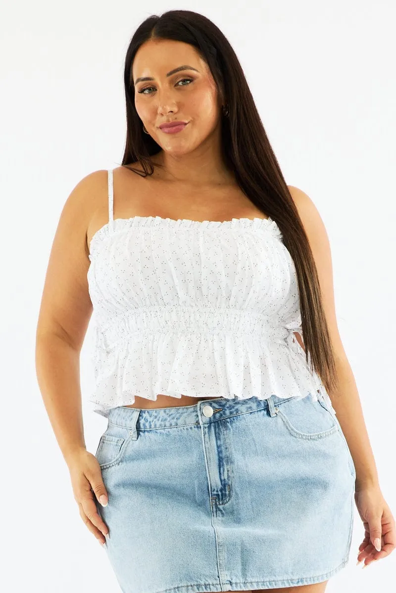 White Ditsy Cami Crop Top Ruched Side Tie Relaxing Wear