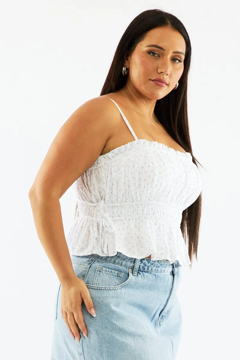 White Ditsy Cami Crop Top Ruched Side Tie OrganicCotton
