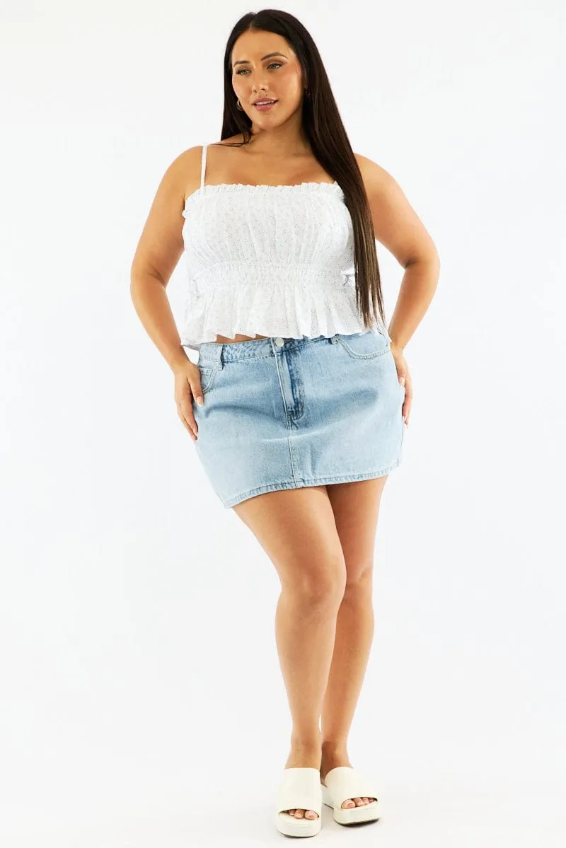 White Ditsy Cami Crop Top Ruched Side Tie Lightweight Construction