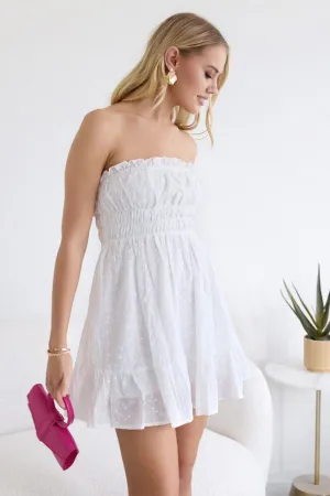 Reinforced Hem White Strapless Dress Eyelet Fabric