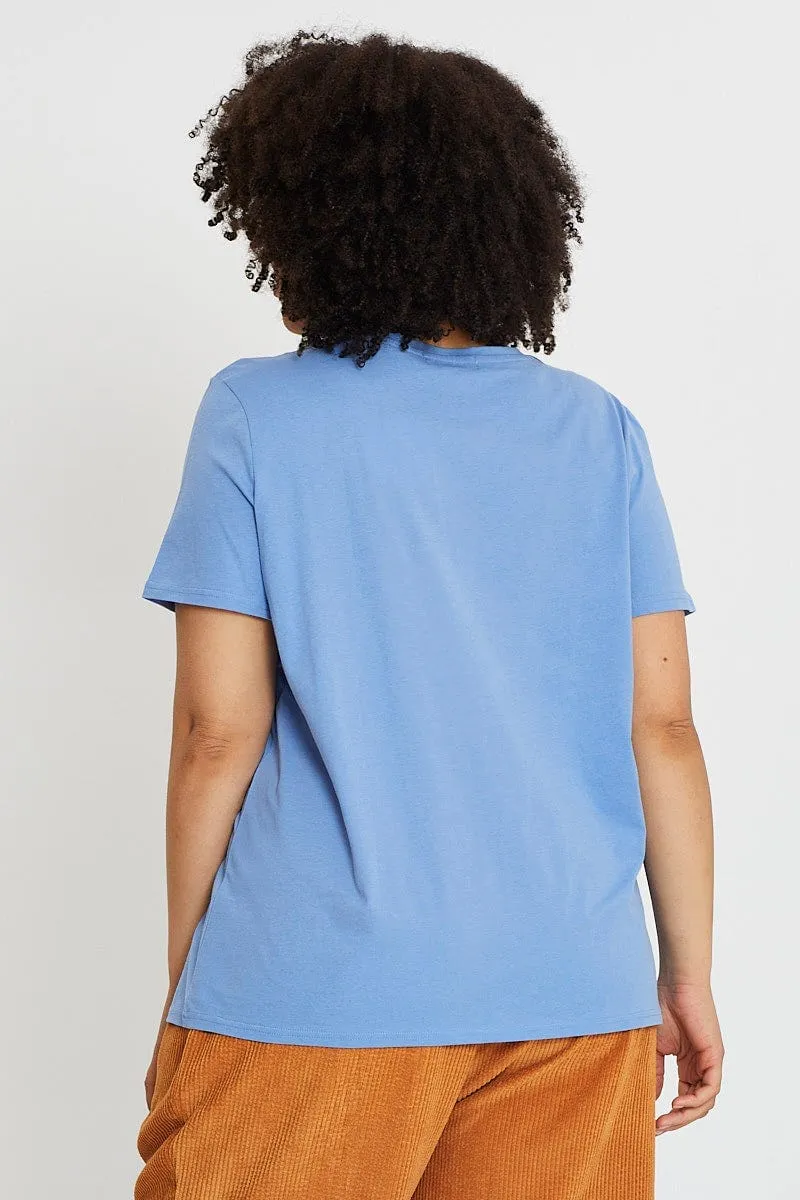 Modern Smart Blue Graphic T-shirt Short Sleeve Cotton