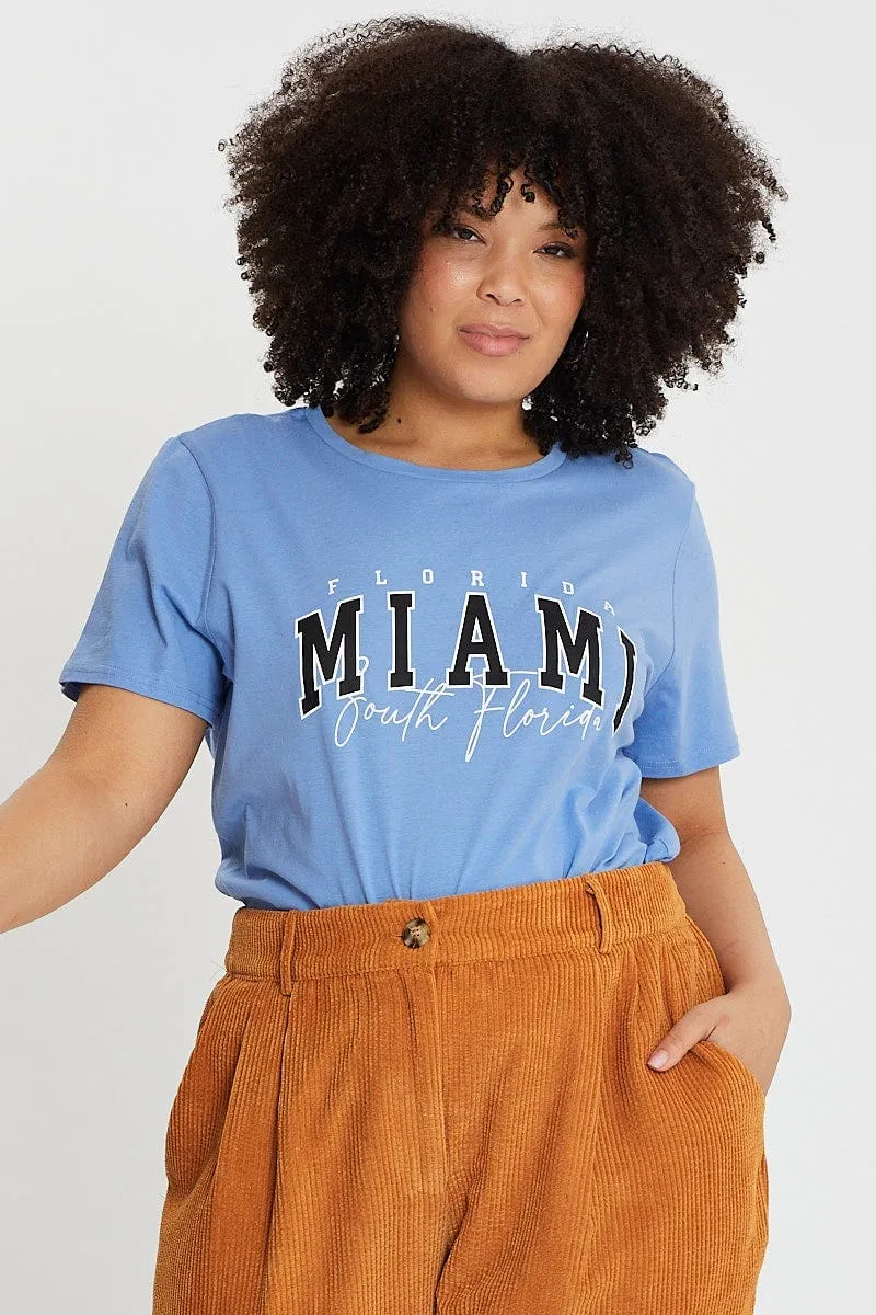 Blue Graphic T-shirt Short Sleeve Cotton Spandex Enhanced Elasticity Relaxed Smart
