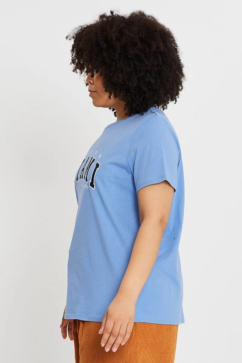Stretchable Weave Blue Graphic T-shirt Short Sleeve Cotton