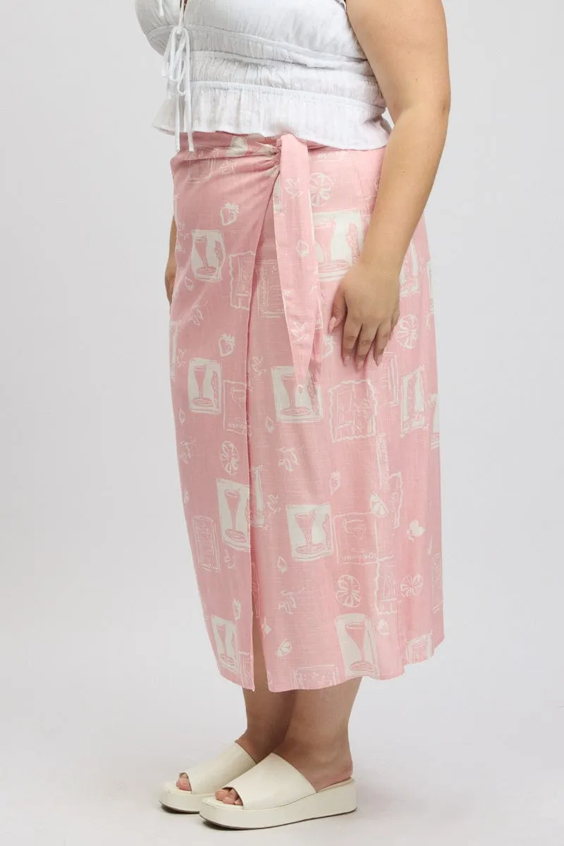 perforated design Pink Abstract Faux Wrap Linen Blend Midi Skirt