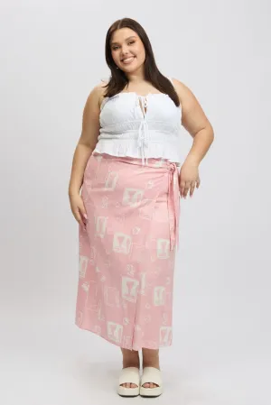 Pink Abstract Faux Wrap Linen Blend Midi Skirt Geometric Print