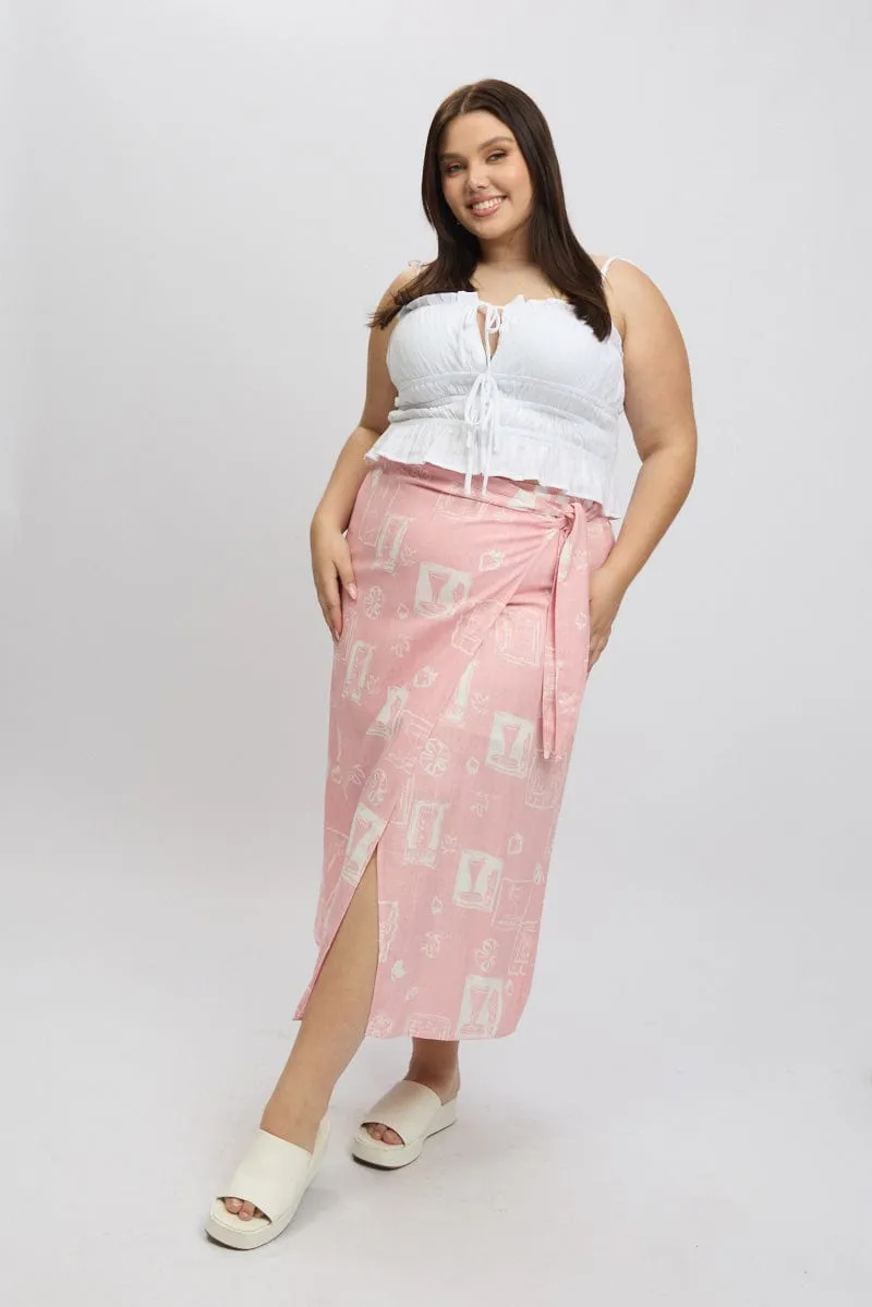 Pink Abstract Faux Wrap Linen Blend Midi Skirt Athleisure Inspired