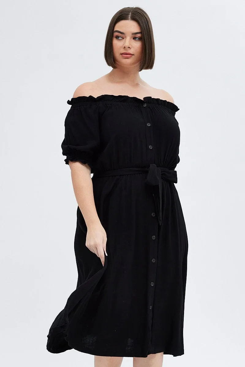 Black Short Sleeve Linen Button Midi Dress Reef View Deep Shade