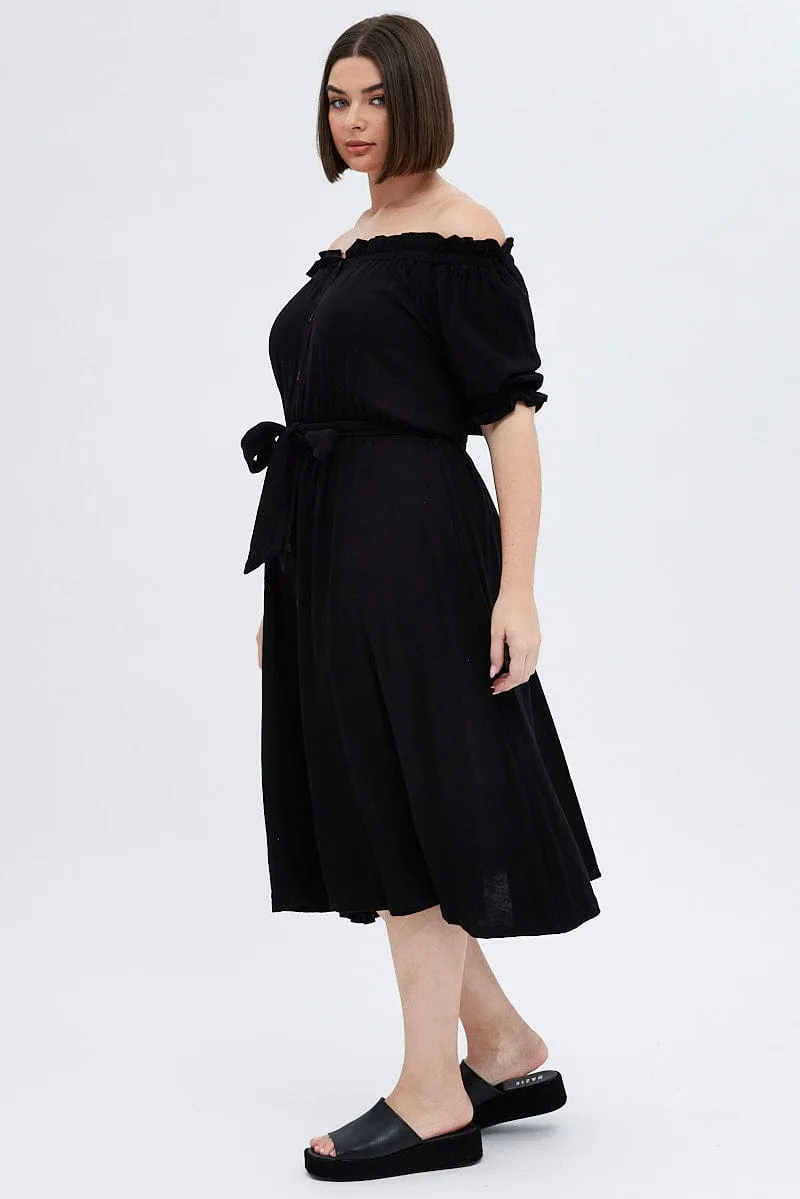 Timelessly stylish midi Black Short Sleeve Linen Button Midi Dress