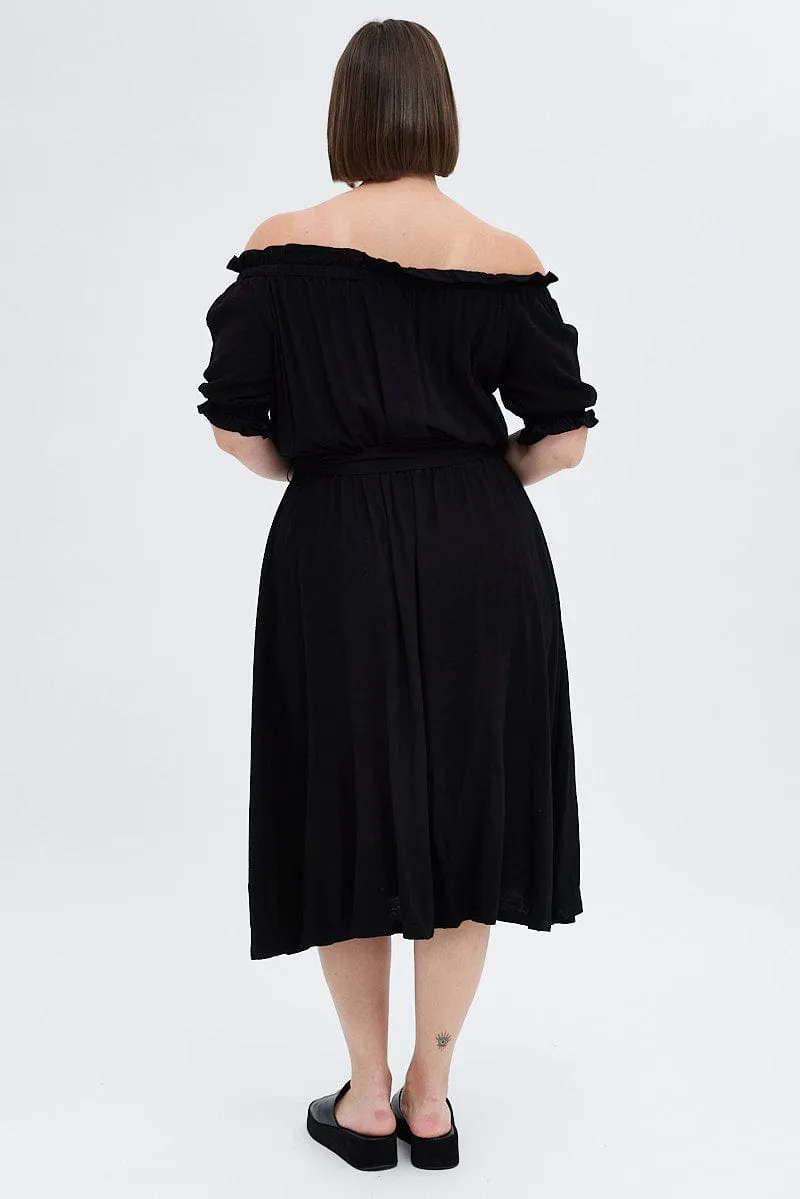 Fog Lane Black Short Sleeve Linen Button Midi Dress