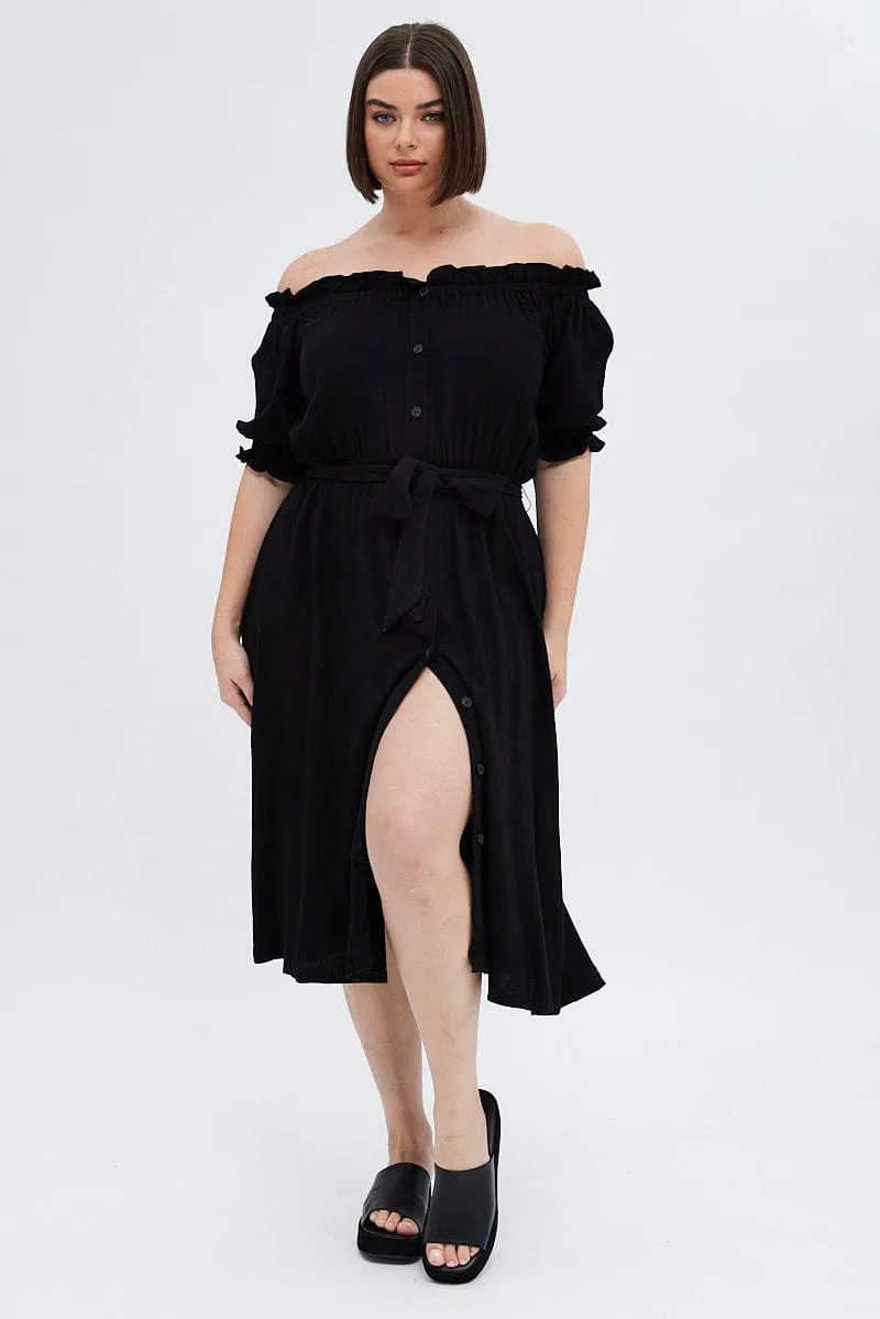 Black Short Sleeve Linen Button Midi Dress Romantic casual midi Versatile Silhouettes