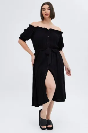 Black Short Sleeve Linen Button Midi Dress Business Meeting Rock Bay