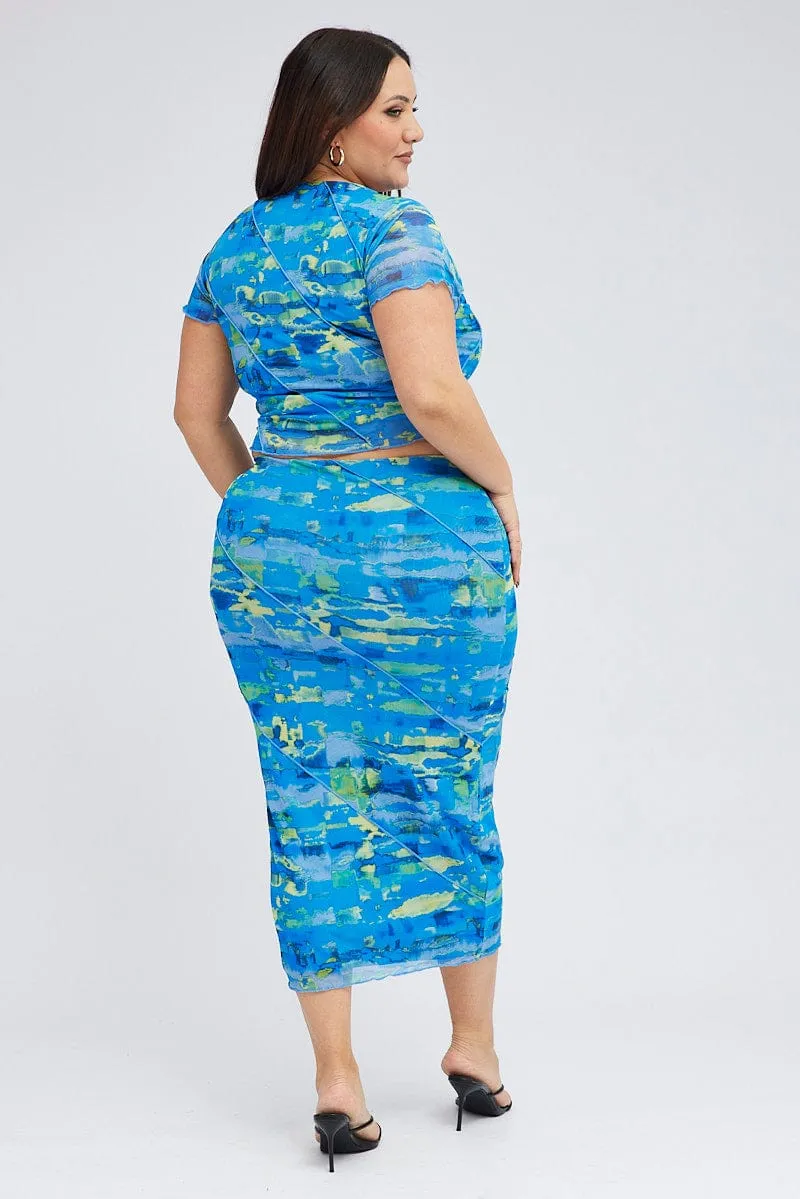 Heritage Brand Adjustable Waist Multi Abstract Mesh Skirt Seam Detail