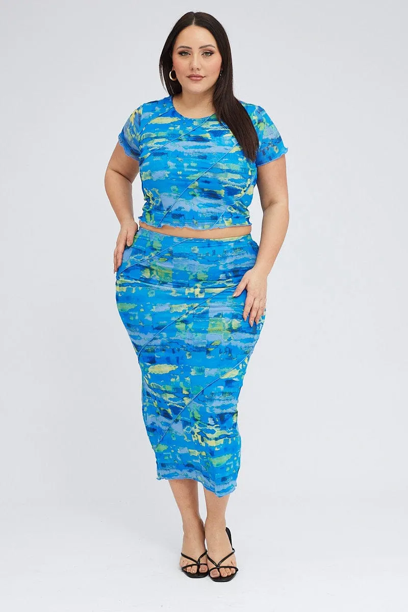 Multi Abstract Mesh Skirt Seam Detail Slip Resistant Waistband Clean Style