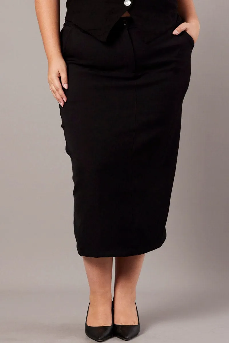 Black Tailored Midi Pencil Skirt Semi Sheer Tea length
