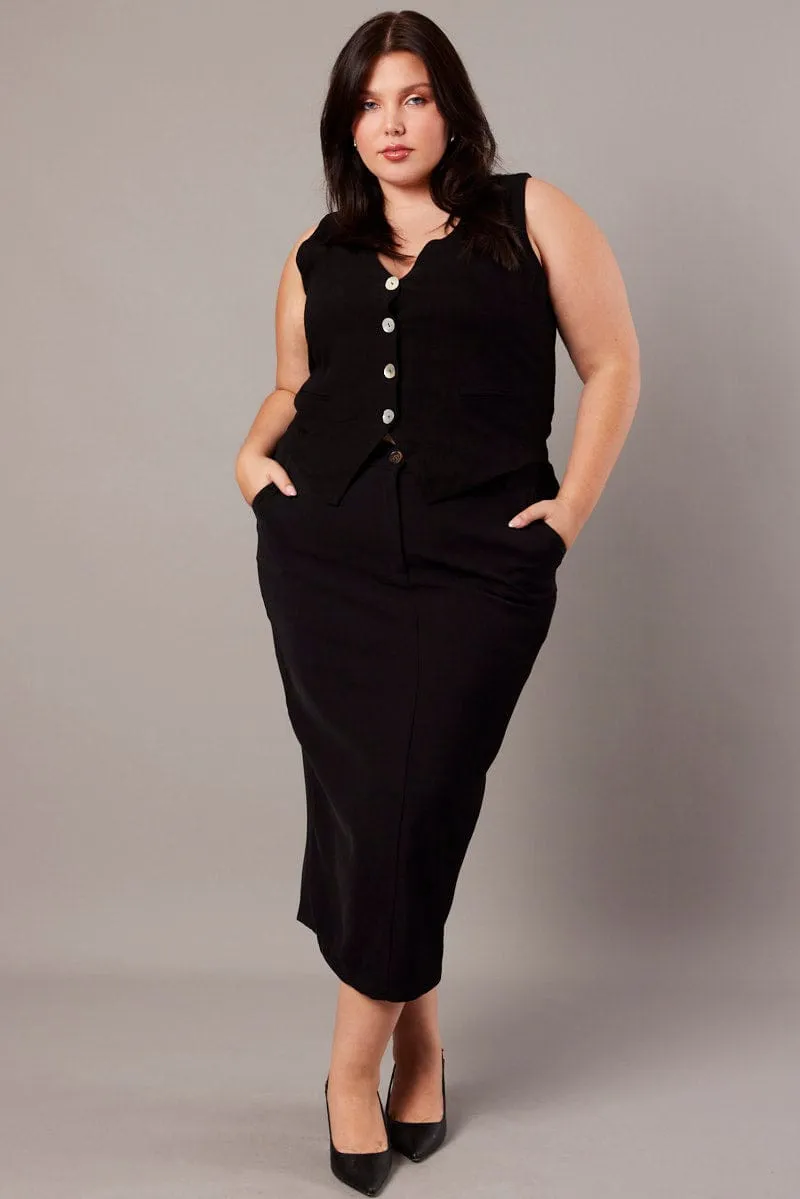 Black Tailored Midi Pencil Skirt Bold Edge Crisp Edge
