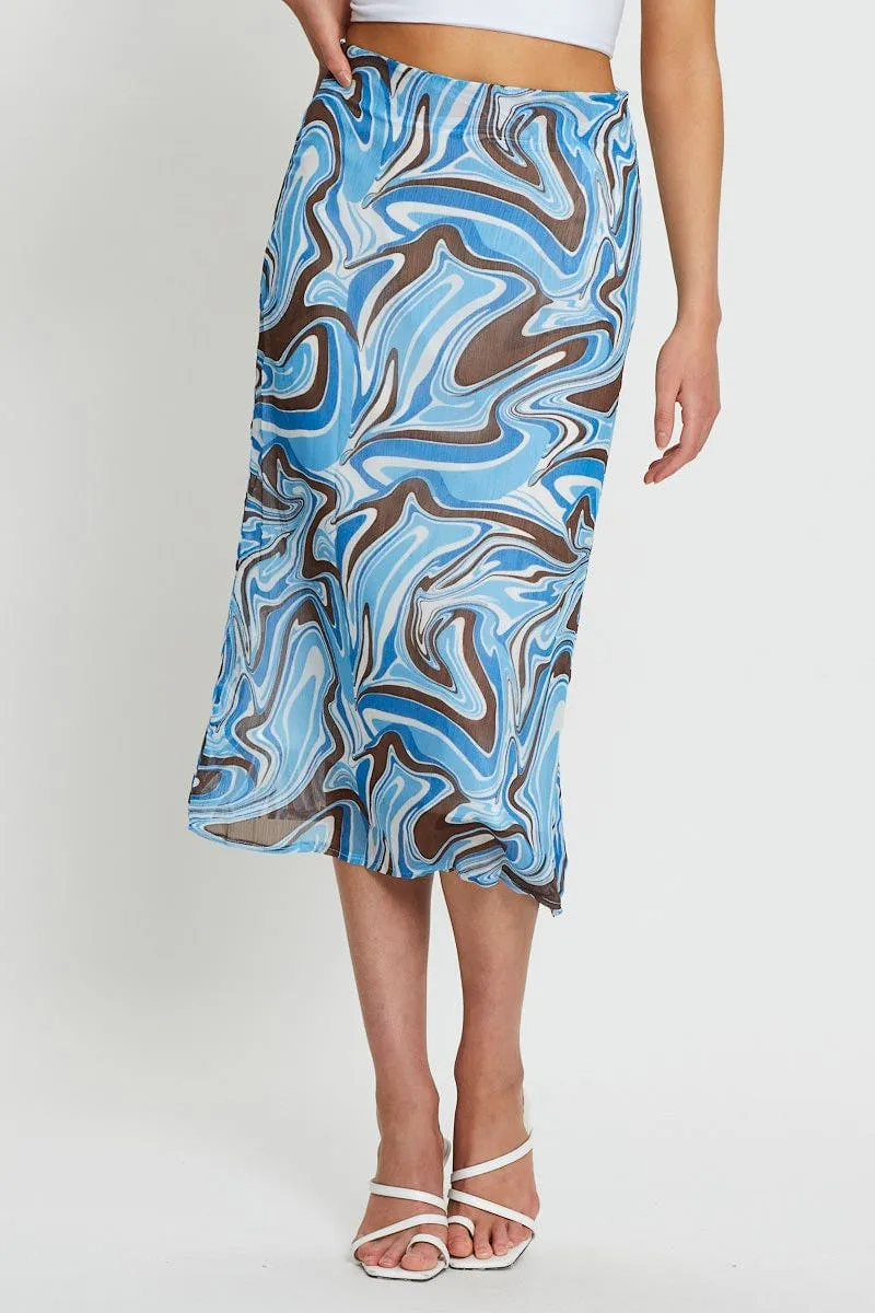 Print Midi Skirt Relaxed Front Slit Figure Flattering