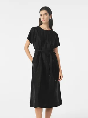 Galaxy Glow 18 Momme Xiang Yun Silk Gathered Waist Women Midi Dress With Pockets