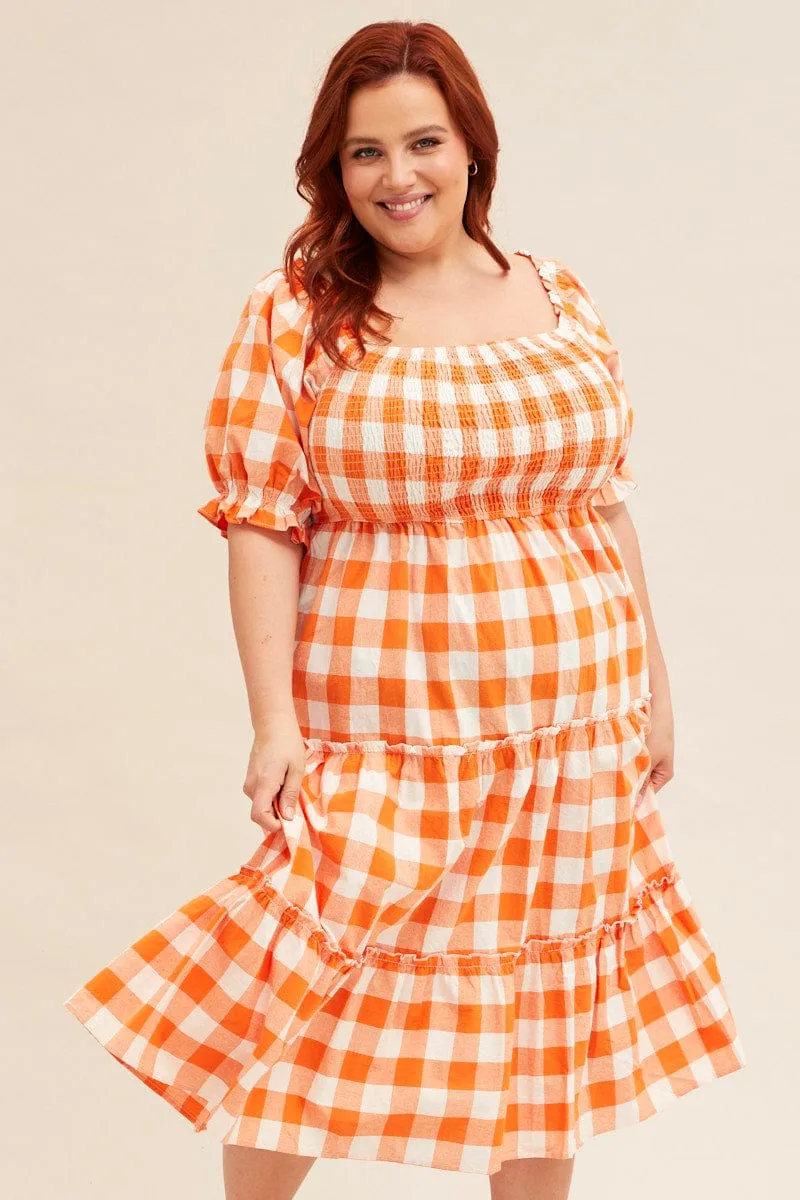 Comfortable casual midi Check Short Sleeve Check Shirred Midi Dress