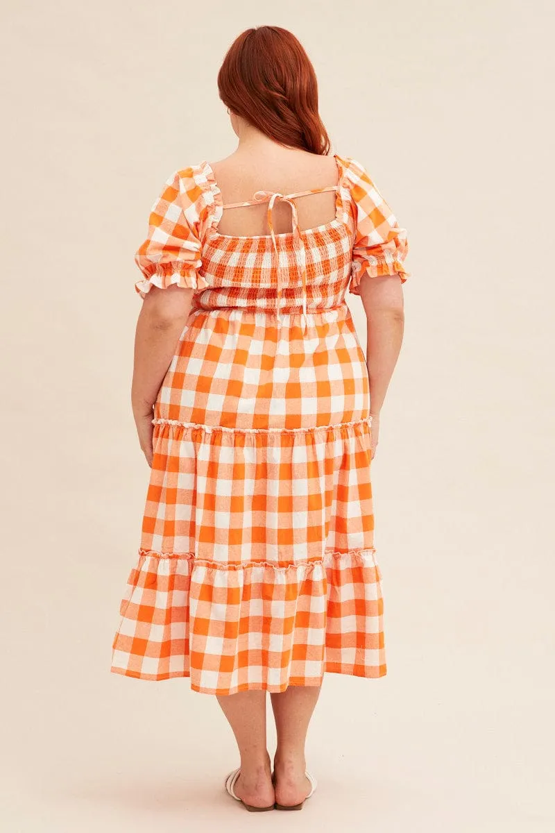 Relaxed fit for outings Check Short Sleeve Check Shirred Midi Dress