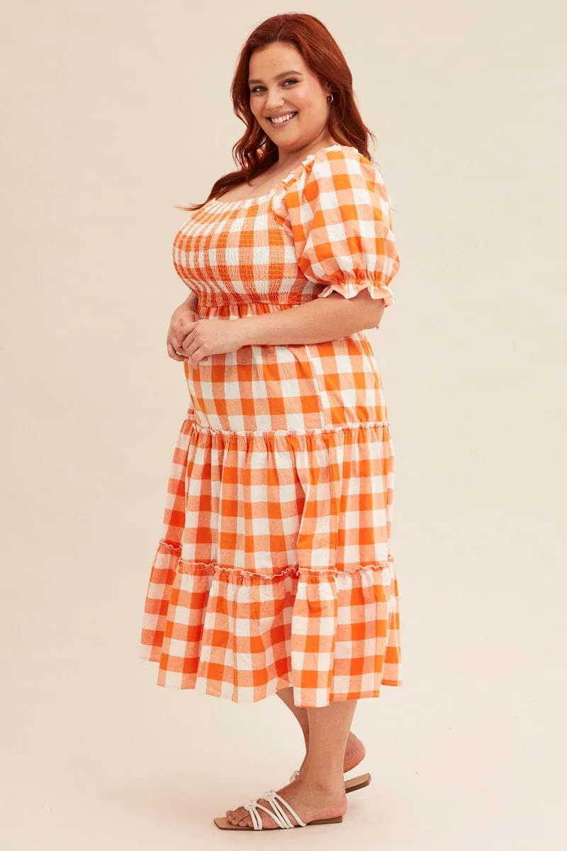 High impact Check Short Sleeve Check Shirred Midi Dress