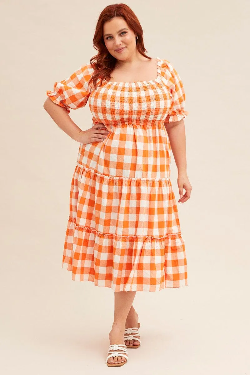 Check Short Sleeve Check Shirred Midi Dress Cool Shade