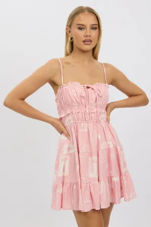 Pink Abstract Fit And Flare Dress Mini Street Glam Star Pop