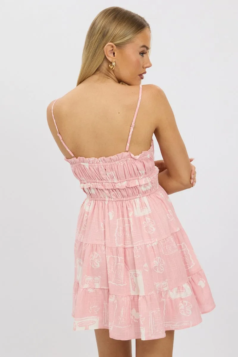 Breathable fabric Pink Abstract Fit And Flare Dress Mini