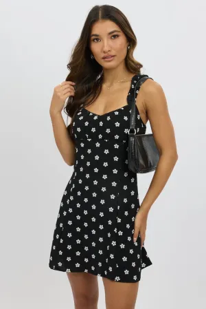 Plane Mood Everyday Outfit Black Floral Mini Dress Gathered Bust