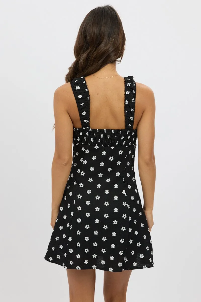 Shine Hot Cozy Look Black Floral Mini Dress Gathered Bust