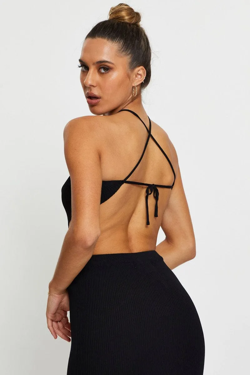 Cyber Glow Flatlock stitching Black Knit Dress Halter Neck