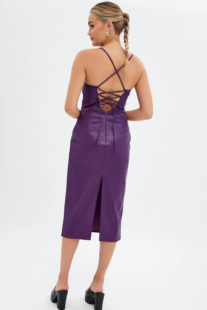 Strong Edge Purple Faux Leather Dress Sleeveless Scoop Neck Midi