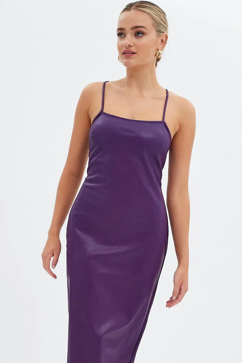 Purple Faux Leather Dress Sleeveless Scoop Neck Midi Minimal Mood